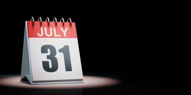 Red and White July 31 Desk Calendar Spotlighted on Black Background with Copy Space 3D Illustration clipart