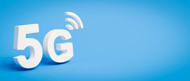 Düz Mavi Arkaplanda 3B Beyaz 5G Metin Sembolü 3B Resimleri Kopyala