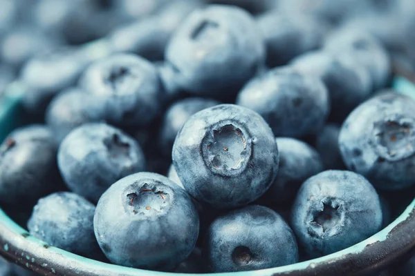 Blueberries in a ceramic bowl and lots of berries around. Blue background. Selective focus.