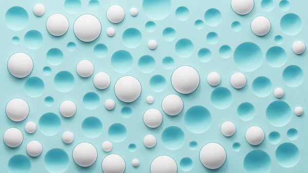 Abstract blue background with white spheres and empty cells. 3d render illustration.