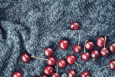 Red ripe cherries scattered on a dark blue knitted blanket. View from above.