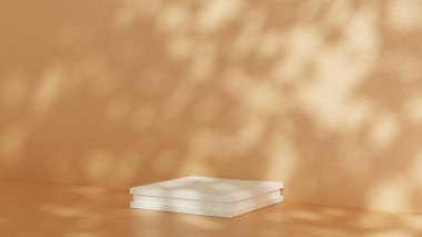 Ürün sunumu için arka plan. Boş dikdörtgen taş podyum. Duvarda ve zeminde güneş ışığı ve yeşillik gölgeleri.