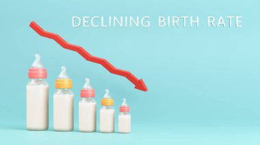 Fertility decline concept. Depopulation, demographic crisis. Baby bottles in the form of graph and down arrow. Declining Birth Rate inscription. 3d illustration. clipart