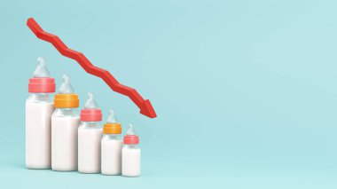Fertility decline concept. Depopulation, demographic crisis. Baby bottles in the form of graph and down arrow. Empty space for text. 3d illustration. clipart