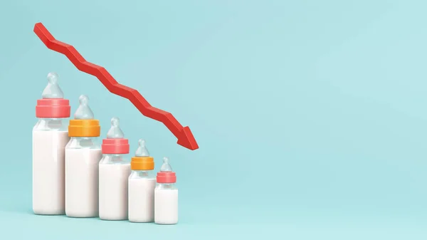 生育率下降的概念 人口减少 人口危机 婴儿奶瓶的图形和向下箭头的形式 空白的文字空间 3D说明 — 图库照片