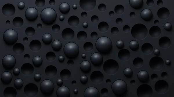 Abstract black geometric background with empty cells and black spheres. 3d render illustration.