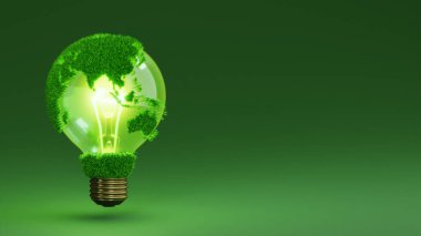 Dünya küresi parlayan bir ampul şeklinde. Yeşil enerji, yenilenebilir kaynaklar, gezegensel ekoloji koruması, sürdürülebilir kalkınma.