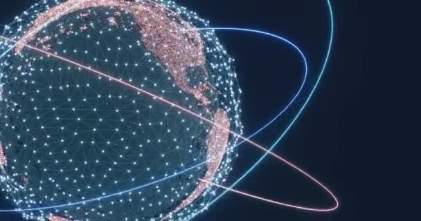 Вращение Земного Глобуса Светящиеся Сетевые Сплетения Большие Данные Глобальные Коммуникационные — стоковое видео