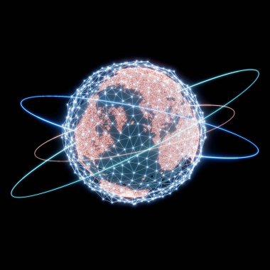 Siyah arka planda parlayan Dünya Küresi. Pleksus ağı, uydu yörüngeleri, büyük veriler, teknoloji küresel iletişim, internet. 3d hazırlayıcı.