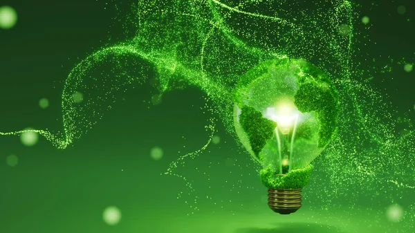 stock image Earth globe light bulb. Scattering luminous particles. Green energy, renewable resources, planetary ecology protection, sustainable development.