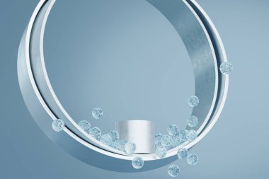 Metal halkaların içinde mavi bir zemin üzerinde silindirik podyum. Kristal küreler düşüyor. Kozmetik ürünün sunumunu göster. 3B illüstrasyon.