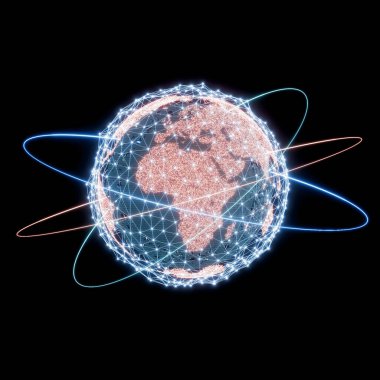 Siyah arka planda parlayan Dünya Küresi. Pleksus ağı, uydu yörüngeleri, büyük veriler, teknoloji küresel iletişim, internet. 3d hazırlayıcı.