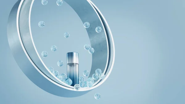 stock image Unbranded glass cosmetic bottle on a blue background inside metal rings. Falling crystal balls. Perfume product presentation. 3D illustration.