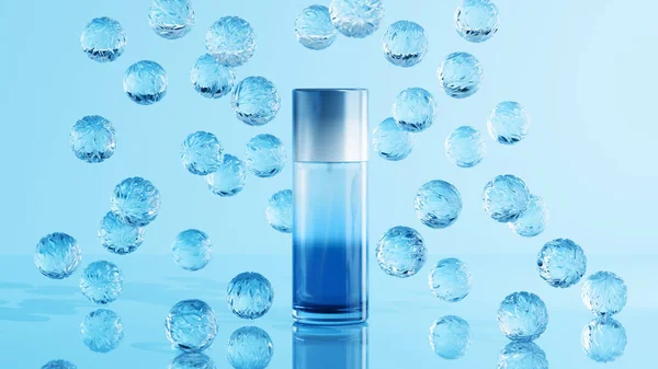 Butelka Kosmetyczna Szkła Niemarkowego Niebieskim Tle Lewitujące Kryształowe Kule Prezentacja — Zdjęcie stockowe