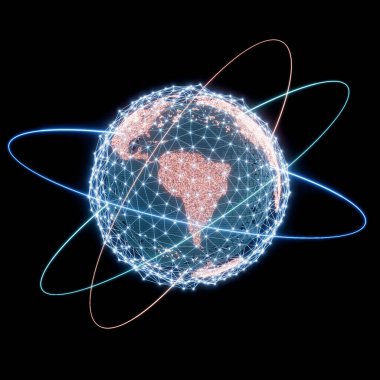 Siyah arka planda parlayan Dünya Küresi. Pleksus ağı, uydu yörüngeleri, büyük veriler, teknoloji küresel iletişim, internet. 3d hazırlayıcı.