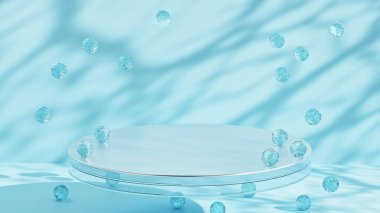 Yuvarlak podyum ve kristal küreler. Kozmetik ürünlerinin sunumu için bir model. Ürün tanıtımı için minimalist sahne.
