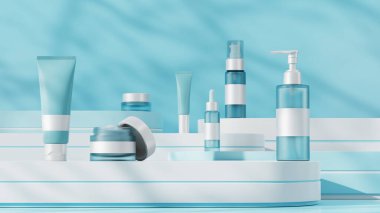 Geometrik platformlarda markasız kozmetik ürünler. Cilt bakımı için kozmetik. Mavi arkaplanda gölgeler.