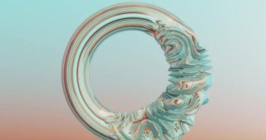 Soyut arkaplan, fütüristik geometrik şekil, Torus 'un yüzeyinde deformasyon, turkuaz ve altın rengi. Kusursuz döngülü video.
