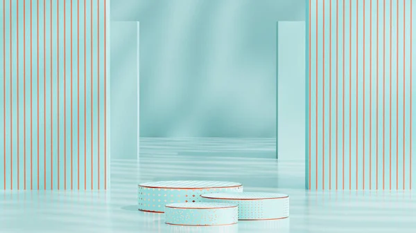 Three Podiums Gold Pattern Background Product Presentation Light Turquoise Color — Stock Photo, Image