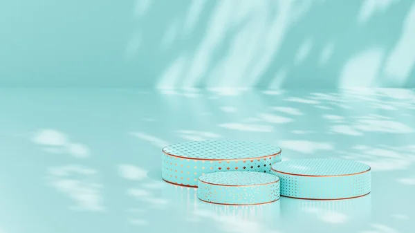 Stock image Three round podiums with gold pattern. Background to show the product. Light turquoise color. Sunlight and shadows on the wall and floor.