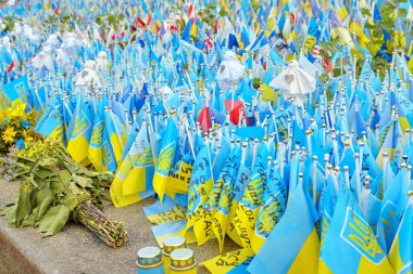 Kyiv, Ukrayna - 08.23.2023: Bağımsızlık Meydanı, Ukraynalı defans oyuncularının isimlerinin yer aldığı birçok ulusal bayrak.