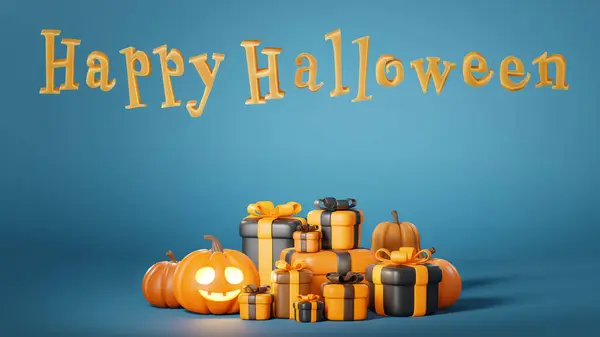 Fondo Halloween Otoño Con Calabazas Montón Cajas Regalo Feliz Inscripción —  Fotos de Stock