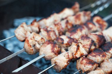 Izgara domuz eti pişirip kömür tüttürüyorum. Izgarada şiş kebap.