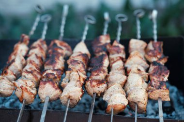 Kömürde pişen eti olan bir sürü metal şiş. Domuz eti ızgarası..