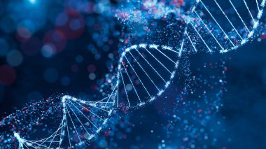 Parlak DNA sarmal yapısı mavi ve kırmızı. Genetik araştırma, biyoenformatik ve hesaplama biyolojisi yüksek teknoloji konsepti. Bilim geçmişi, genomik çalışma posteri ve tıbbi sunum için tasarım. 