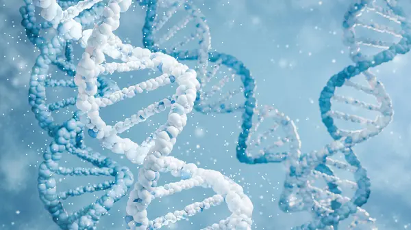 Işık parçacıkları ile DNA iplikçiklerinin 3 boyutlu çizimi. Bilimsel genetik ve moleküler biyoloji kavramı. Bokeh etkisi ve mavi renk paleti ile detaylı makro çekim.