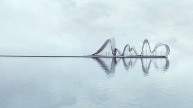Fütürist dalga biçimli bina tasarımı. Yansımalı modern mimari konsepti. 3B görüntüleme.