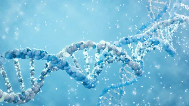 Parlayan parçacıklarla üç boyutlu DNA çift sarmallı. Biyoteknoloji ve genetik araştırma ve moleküler bilim konsepti