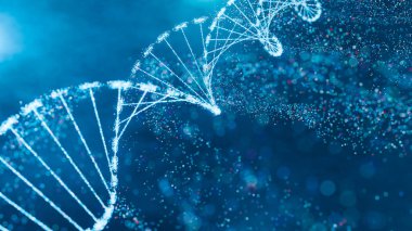 Dinamik mavi bir ortamda ışıl ışıl düğümlü DNA çift sarmalı. Genomik sıralama, moleküler biyoloji ve genetik veri analizi. Bilimsel araştırma geçmişi, yenilikçi sağlık teknolojisi tasarımları ve eğitici çizimler..