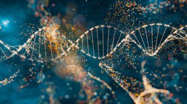 Karmaşıklık ve genetik çeşitliliği sembolize eden ışıl ışıl efektli bir DNA molekülünün 3 boyutlu çizimi. Geleceğin genomik, hassas tıp ve hesaplama bilimi kavramı..
