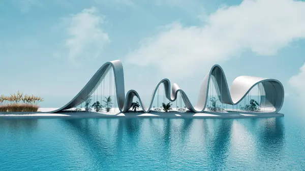 Arsitektur Gelombang Futuristik Lautan Render Modern Paviliun Dengan Langit Biru Stok Lukisan  
