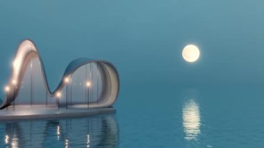 Günbatımında sakin deniz üzerinde dalgalı tasarımı olan modern sıvı mimari binası. Minimalist mimari tasarım kavramı.