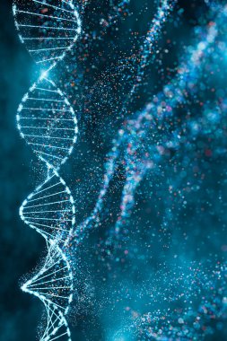 Dinamik mavi bir ortamda ışıl ışıl düğümlü DNA çift sarmalı. Genomik sıralama, moleküler biyoloji ve genetik veri analizi.