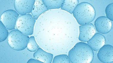Damlacıklı 3 boyutlu mavi su kabarcıkları. Kopya alanı ile makro çekim simülasyonu.
