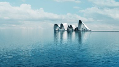 Sakin denizin kıvrımlı mimarisi. Huzurlu su yüzeyinde fütürist beyaz binaların 3 boyutlu yansıması. Sakinlik ve minimalizm teması için kavramsal tasarım.