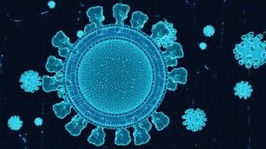 Süzülen virüs parçacıklarının dijital 3D tarzında döngülenmiş animasyonu ayrıntılı viral yüzey yapısını ve zarı gösteriyor. Karanlık arka planda dinamik hareket enfeksiyon, sağlık krizi ve mikrobiyoloji kavramını temsil ediyor.
