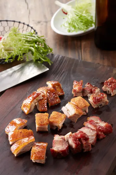 Comida Chinesa Porco Refogado Cantonês Costelas Porco Assadas Ganso Assado — Fotografia de Stock