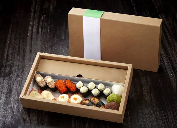 japanese cuisine. sushi on the box with delivery food
