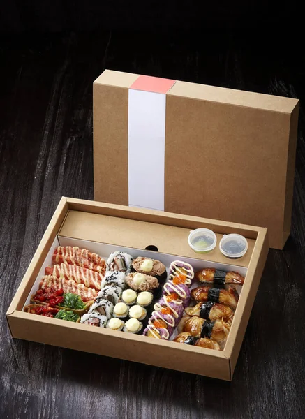 japanese cuisine. sushi on the box with delivery food