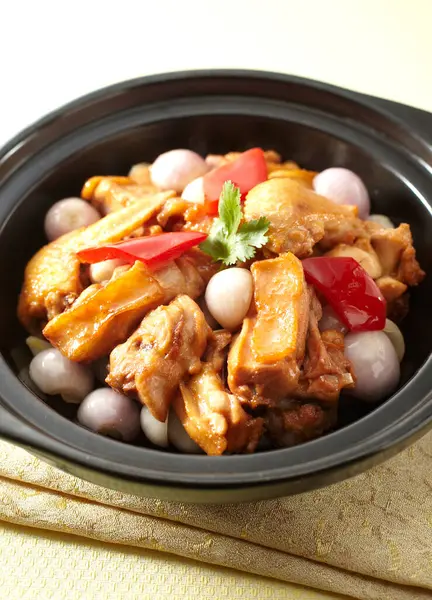 Cuisine Chinoise Traditionnelle Poulet Braisé Aux Oignons Pot Argile — Photo