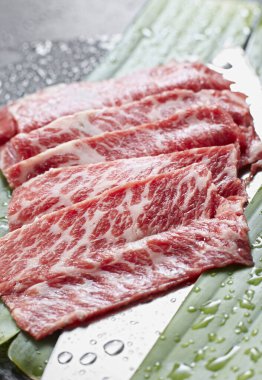 Taze malzemeler, çiğ kar taneleri ve et dilimleri.