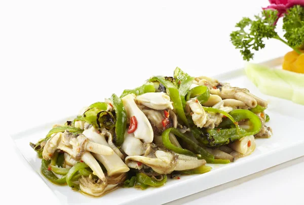 Cucina Tradizionale Cinese Pepe Verde Mescolato Con Carne Vongole Rasoio — Foto Stock