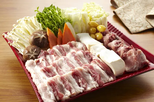 Ingredientes Frescos Carne Porco Prato Vegetal — Fotografia de Stock