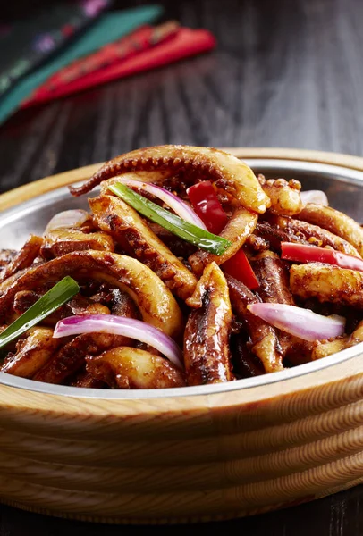 Traditionelles Chinesisches Essen Würzige Gebratene Tintenfischententententakel — Stockfoto