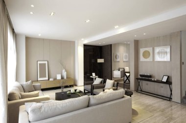 Beyaz ve kahverengi kanepeli ve televizyonlu modern lüks oturma odası..