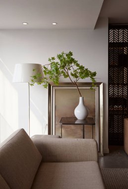 Arka planda kanepe ve masa olan modern oturma odası.